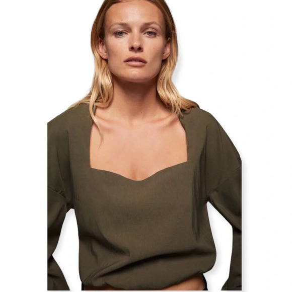Zara Army Green Sweetheart Neckline Long Sleeve Crop Top Size Medium - Picture 2 of 12
